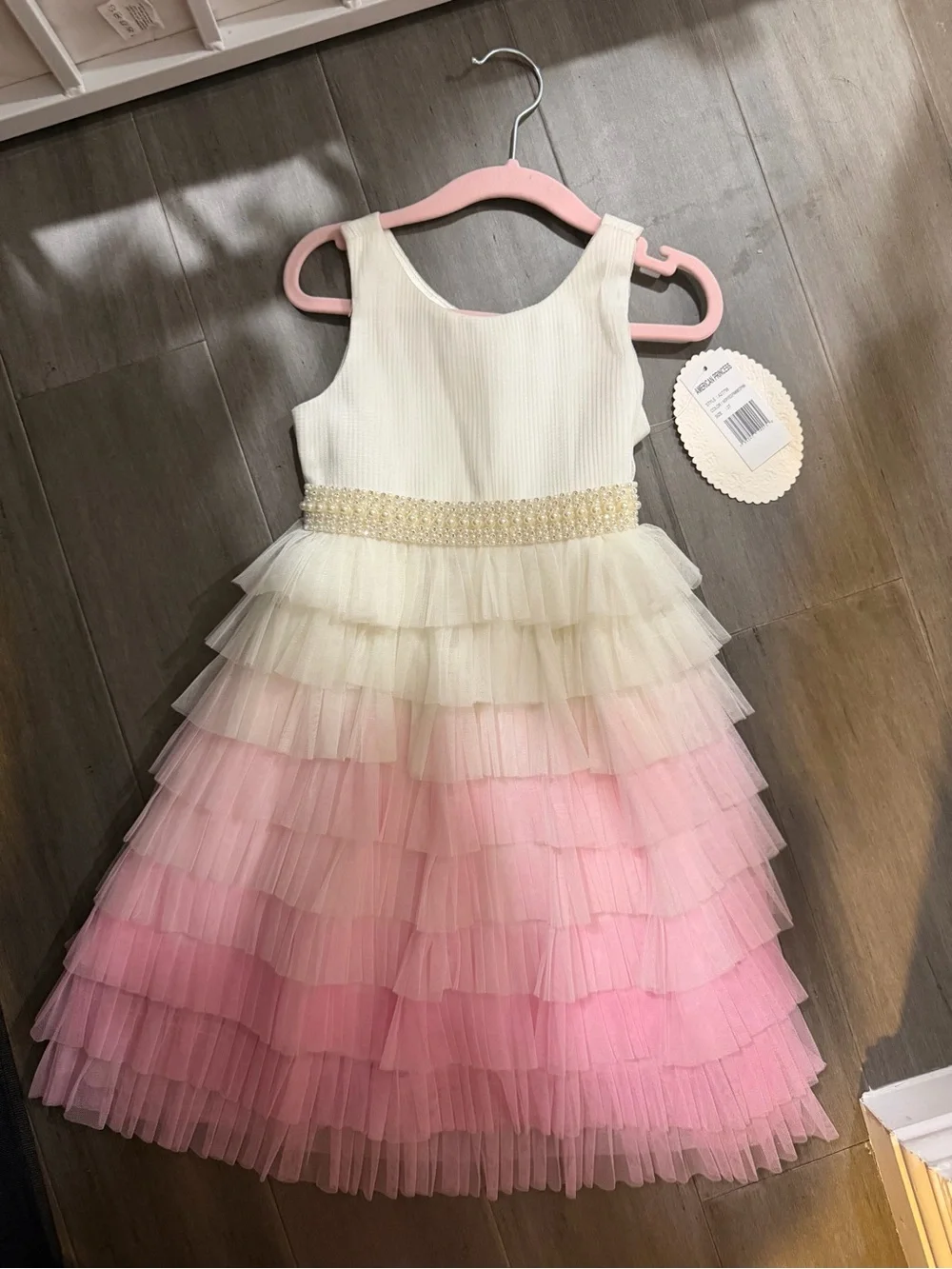 Girl's Cream and Pink Layered Tulle Dress with Beaded Waist